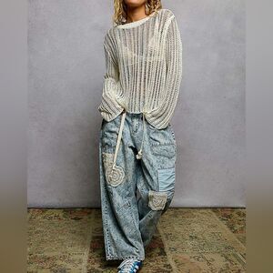 Cozy Openwork Knit Sweater Top | Relaxed Fit Round Neck Long Sleeve Cover Up